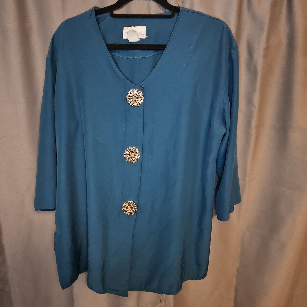 1980s Vintage Teal Pride & Joy Button Up Brooch Blouse